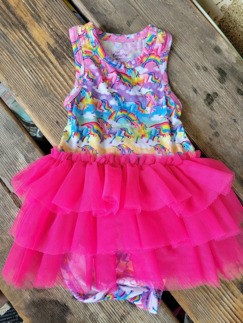 POSH PEANUTS / LISA FRANK SZ 3-6M RAINBOW unicornsPINK Tutu overlay Bodesuit